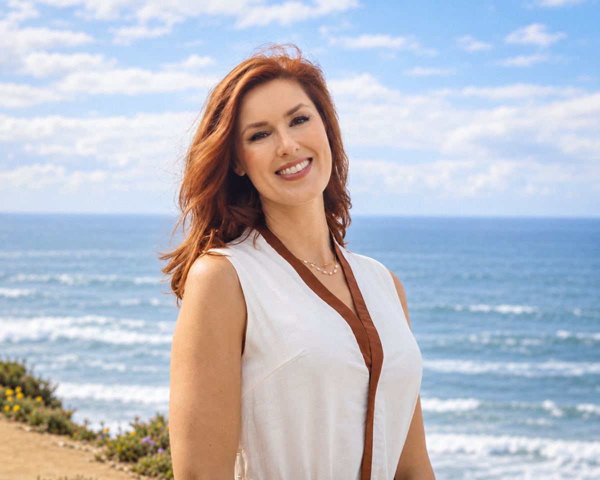 Ashley Hanna-Morgan, LCSW, PMH-C, smiling toward the camera with the ocean behind her