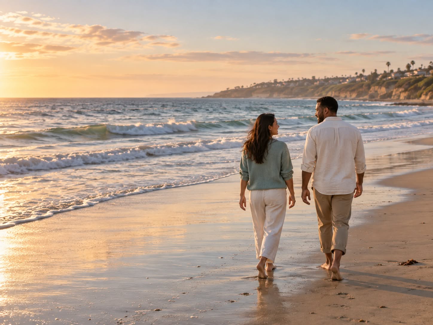 A couple walking barefoot along a San Diego beach at golden hour