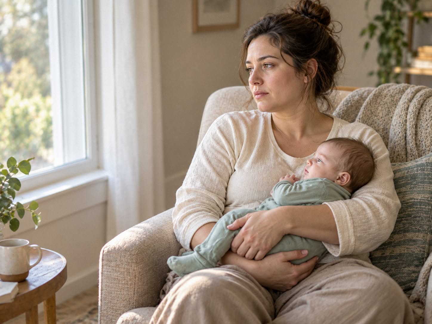 A parent sitting by a bright window at home, holding their sleeping newborn