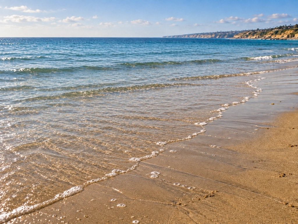 Calm water meeting the sand at the shoreline in soft light